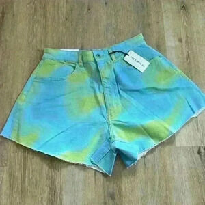 WE WORE WHAT LIME GREEN/SKY BLUE MIX, FLARE BELL CUT OFF SHORTS